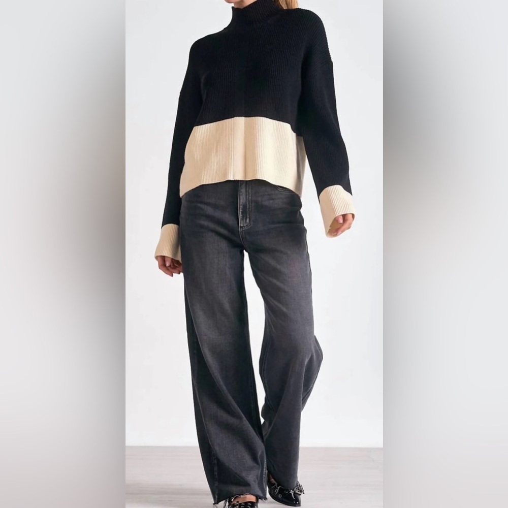 NWT Elan Colorblock Mock-Neck Sweater - Black and Cream - Picture 2 of 10